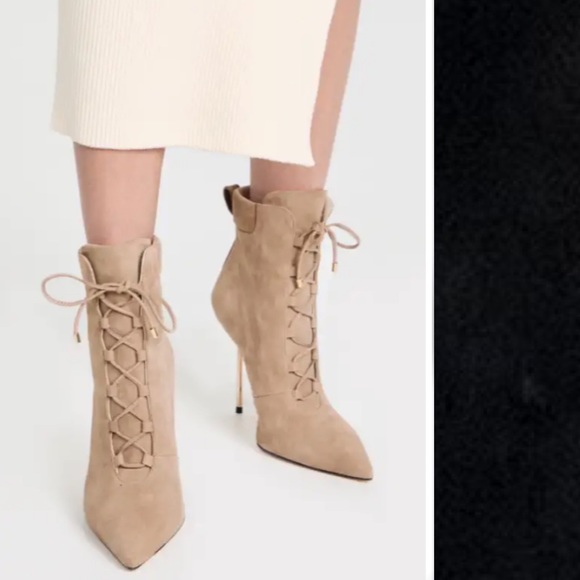 Good American Women's Scandal Lace Up High Heel Suede Booties in BLACK 6 New - Picture 2 of 14